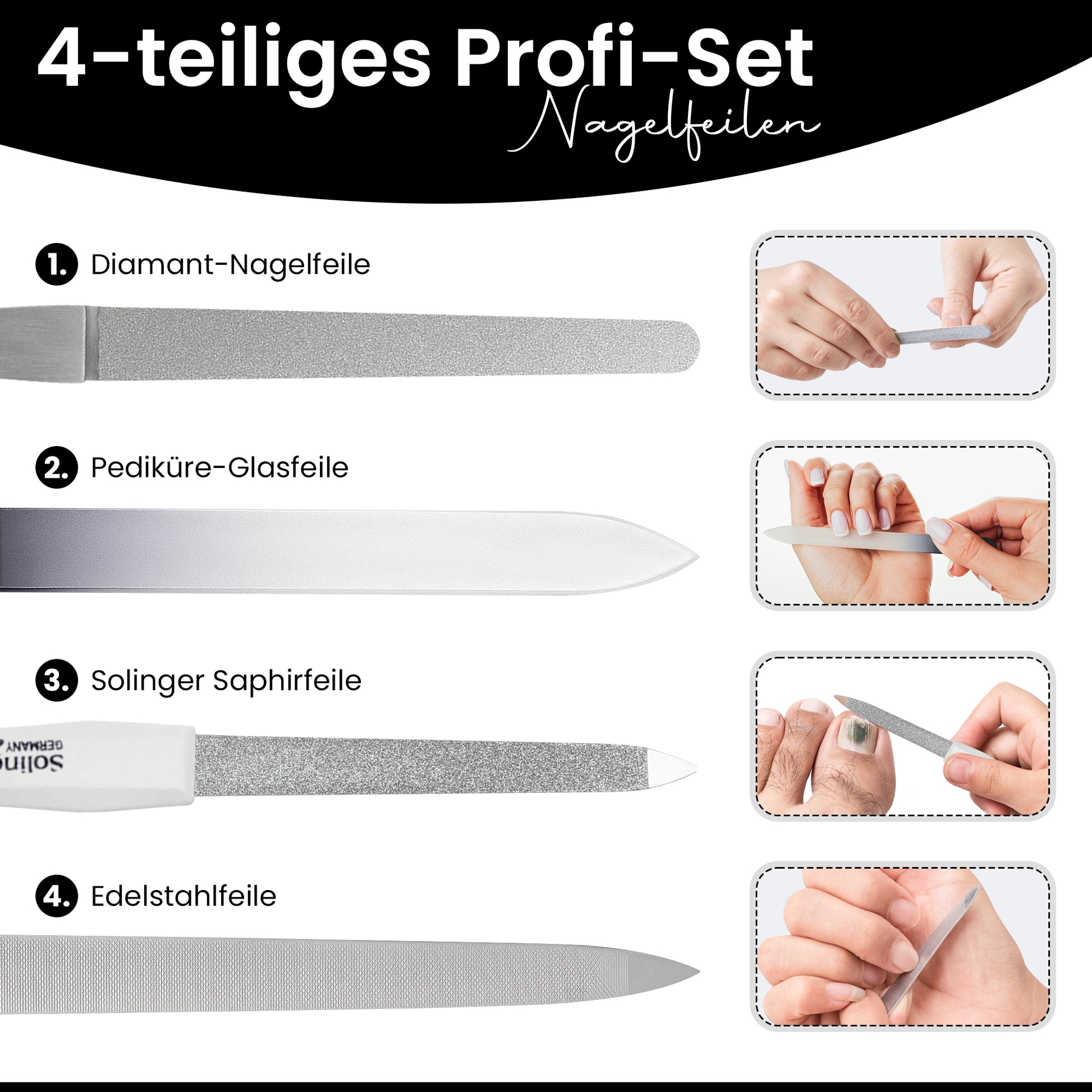 Nagelfeilen Set 4-teilig – Glasfeile, Saphirfeile, Diamantfeile & Edelstahlfeile