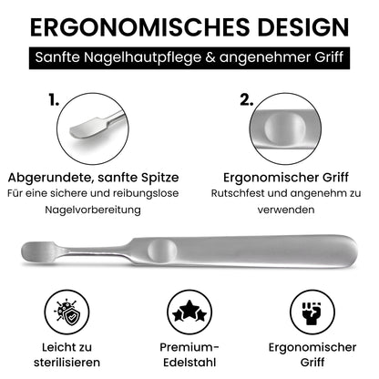 Nagelhautschieber Edelstahl – Sanfte abgerundete Spitze, ergonomischer rutschfester Griff