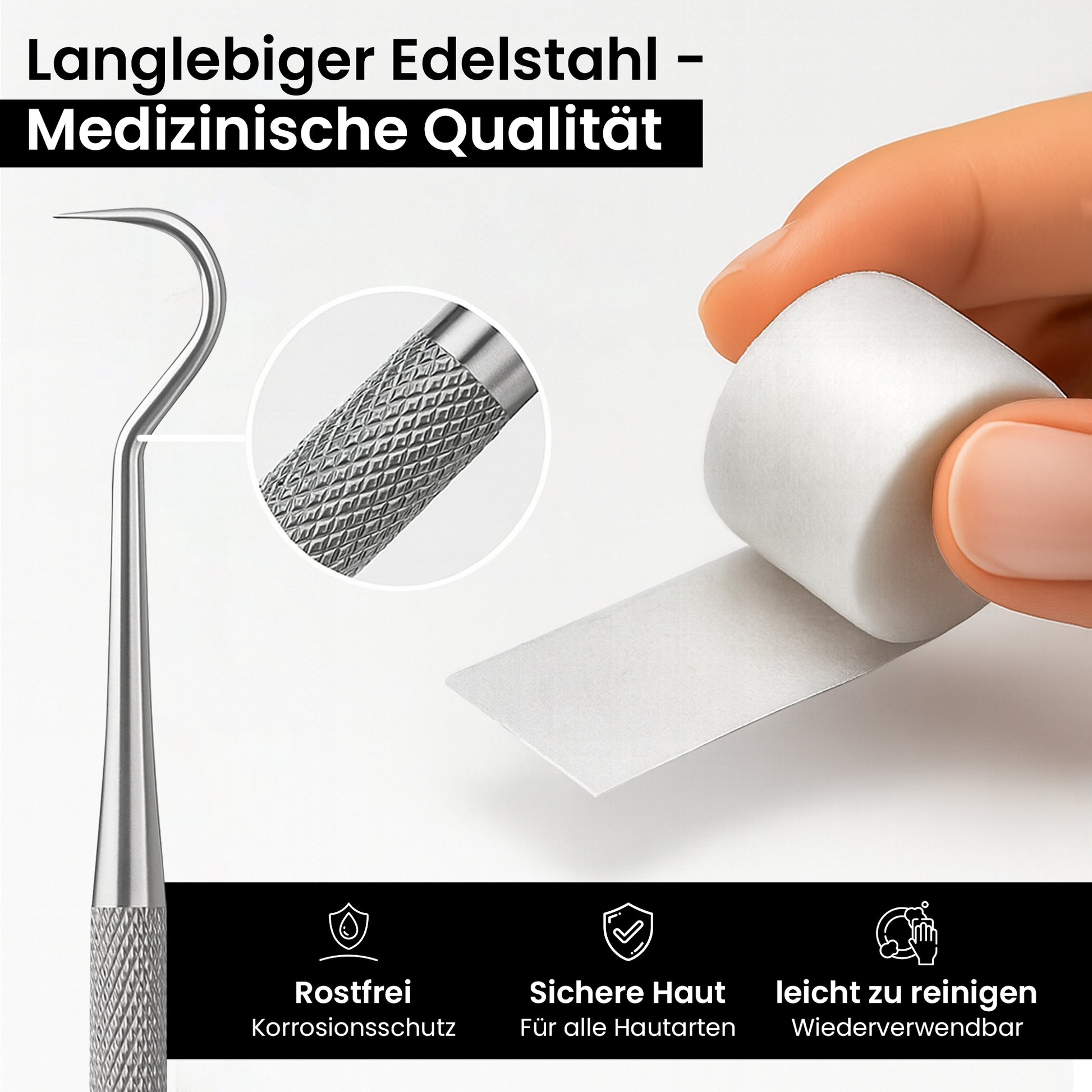 Tamponadensonde & Wattehaken für eingewachsene Fußnägel – Set mit 2 Tamponaden – Nagelpflege-Instrument aus Edelstahl