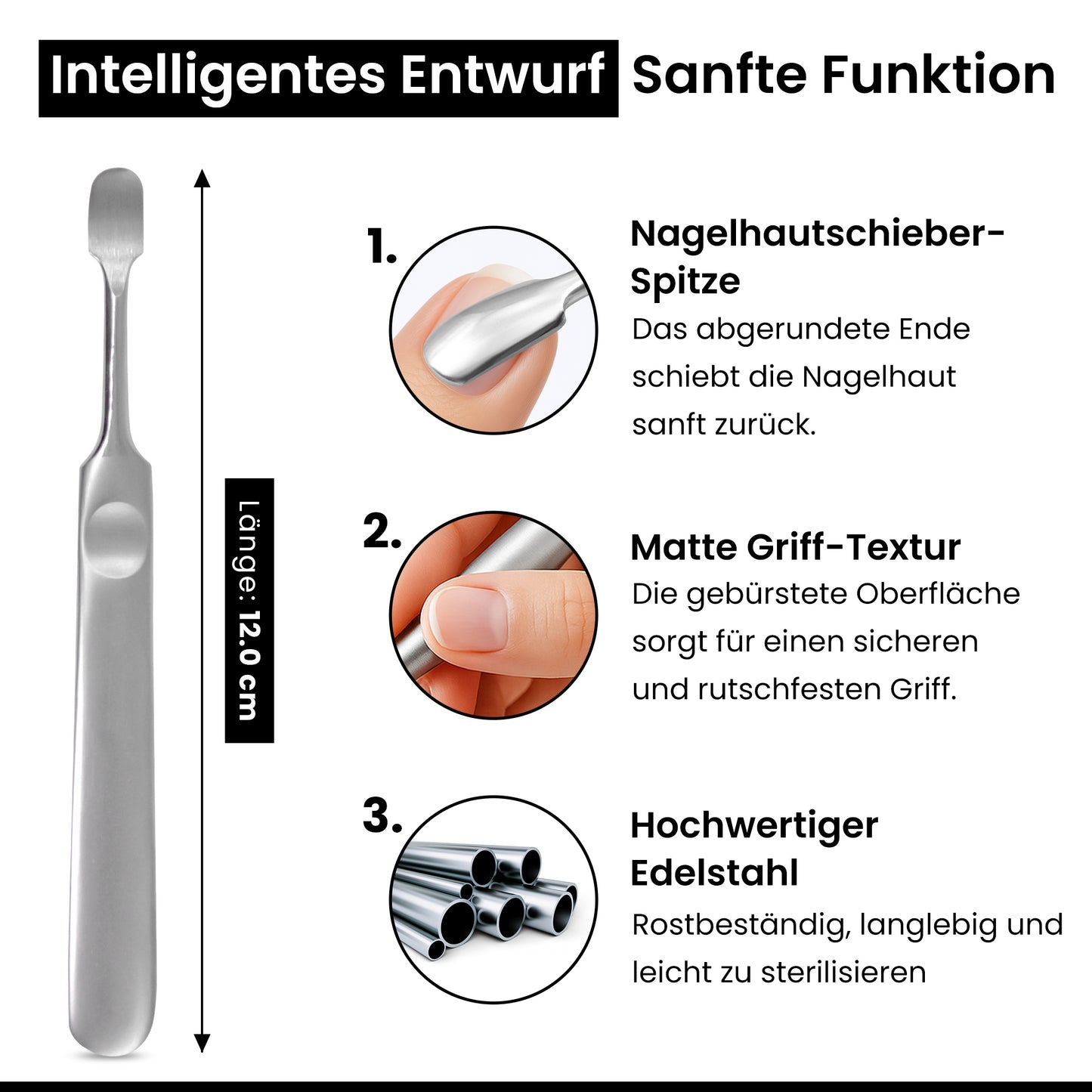 Nagelhautschieber Edelstahl – Sanfte abgerundete Spitze, ergonomischer rutschfester Griff