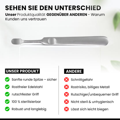 Nagelhautschieber Edelstahl – Sanfte abgerundete Spitze, ergonomischer rutschfester Griff