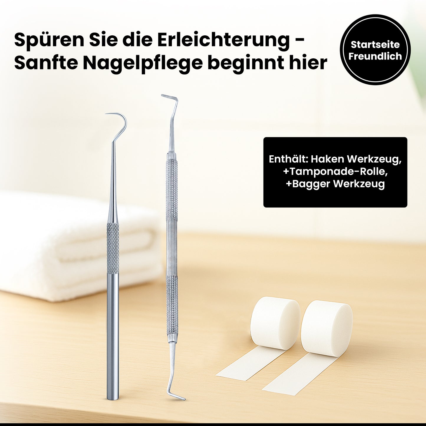 Tamponadensonde & Wattehaken für eingewachsene Fußnägel – Set mit 2 Tamponaden – Nagelpflege-Instrument aus Edelstahl