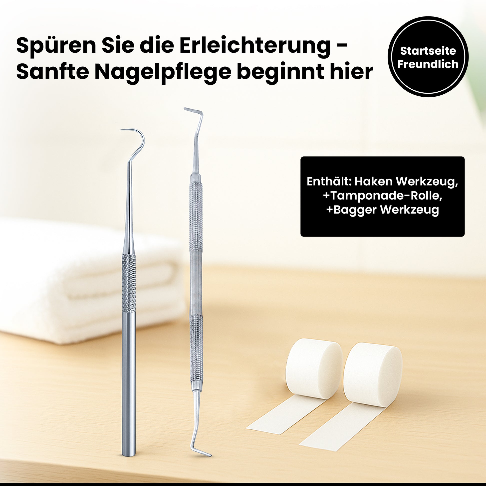 Tamponadensonde & Wattehaken für eingewachsene Fußnägel – Set mit 2 Tamponaden – Nagelpflege-Instrument aus Edelstahl