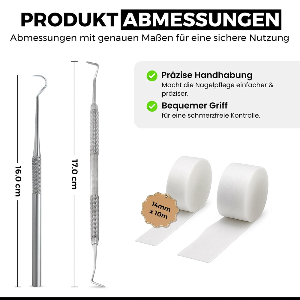 Tamponadensonde & Wattehaken für eingewachsene Fußnägel – Set mit 2 Tamponaden – Nagelpflege-Instrument aus Edelstahl
