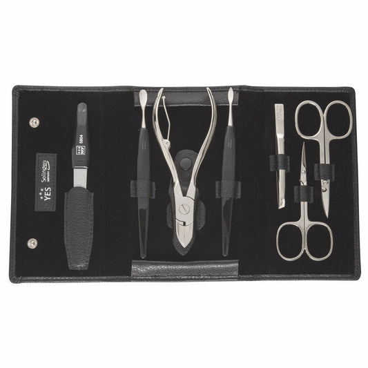 YES Solingen Manicure Druckknopf-Etui Schwarz 7-teilig – vernickelter Stahl (Instrumente), Leder (Etui)