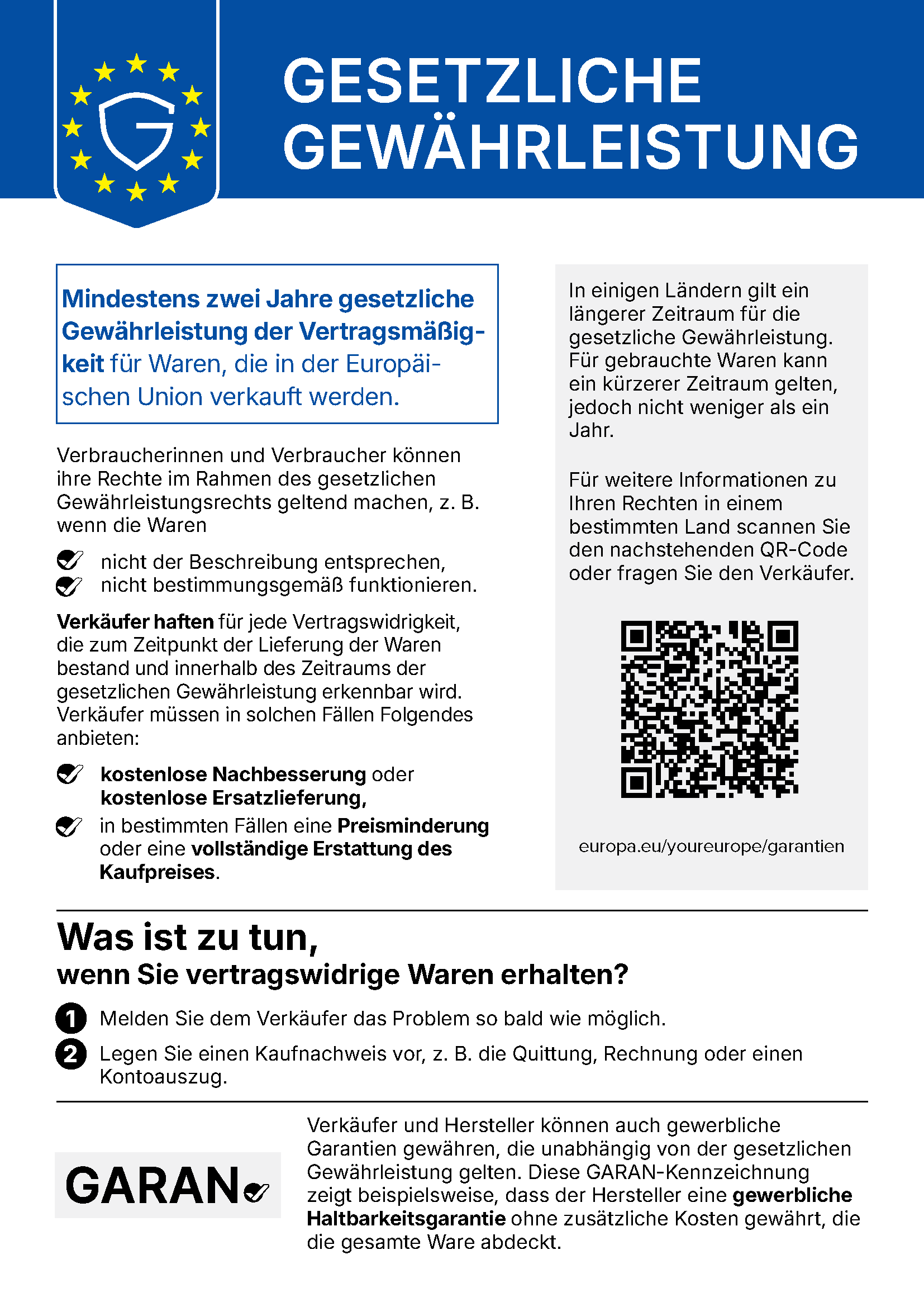 EU-Mitteilung zum gesetzlichen Gewährleistungsrecht: mindestens zwei Jahre gesetzliche Gewährleistung für Waren, die in der Europäischen Union verkauft werden